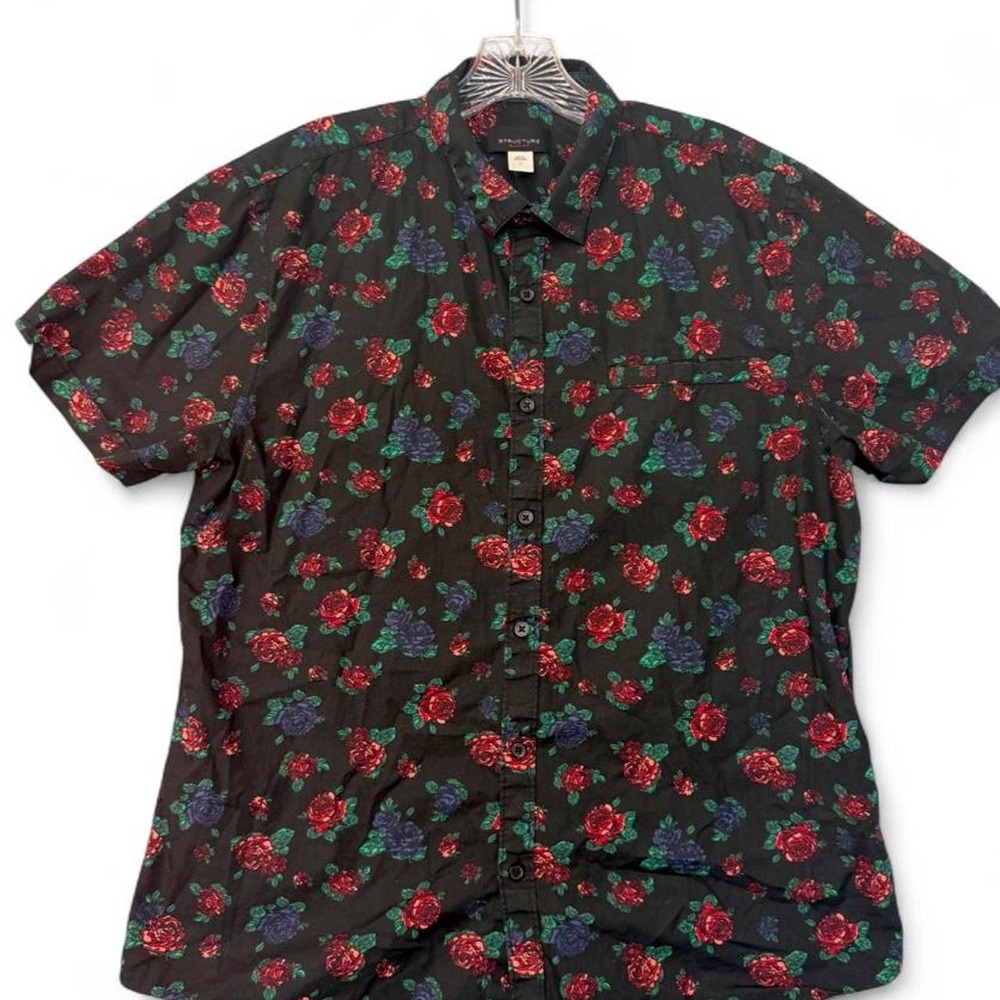 Structure Mens Size L Floral Rose Button Up Shirt Short Sleeve Black Red Blue